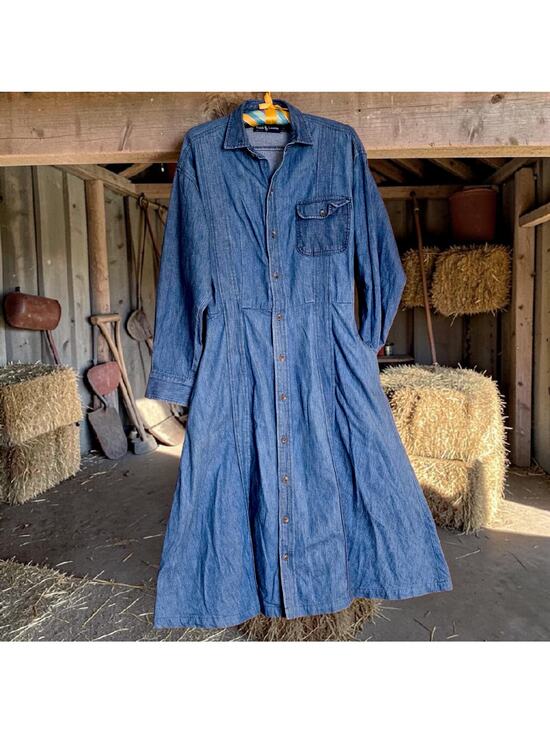 Ralph Lauren Dresses & Skirts - Vintage Ralph Lauren USA Denim Shirt Dress Size 12 Cotton Western Prairie Midi